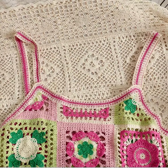 Crochet Knit Cut Out Sleeveless Spaghetti Strap Summer Patchwork Mini Dress - Picture 6 of 12